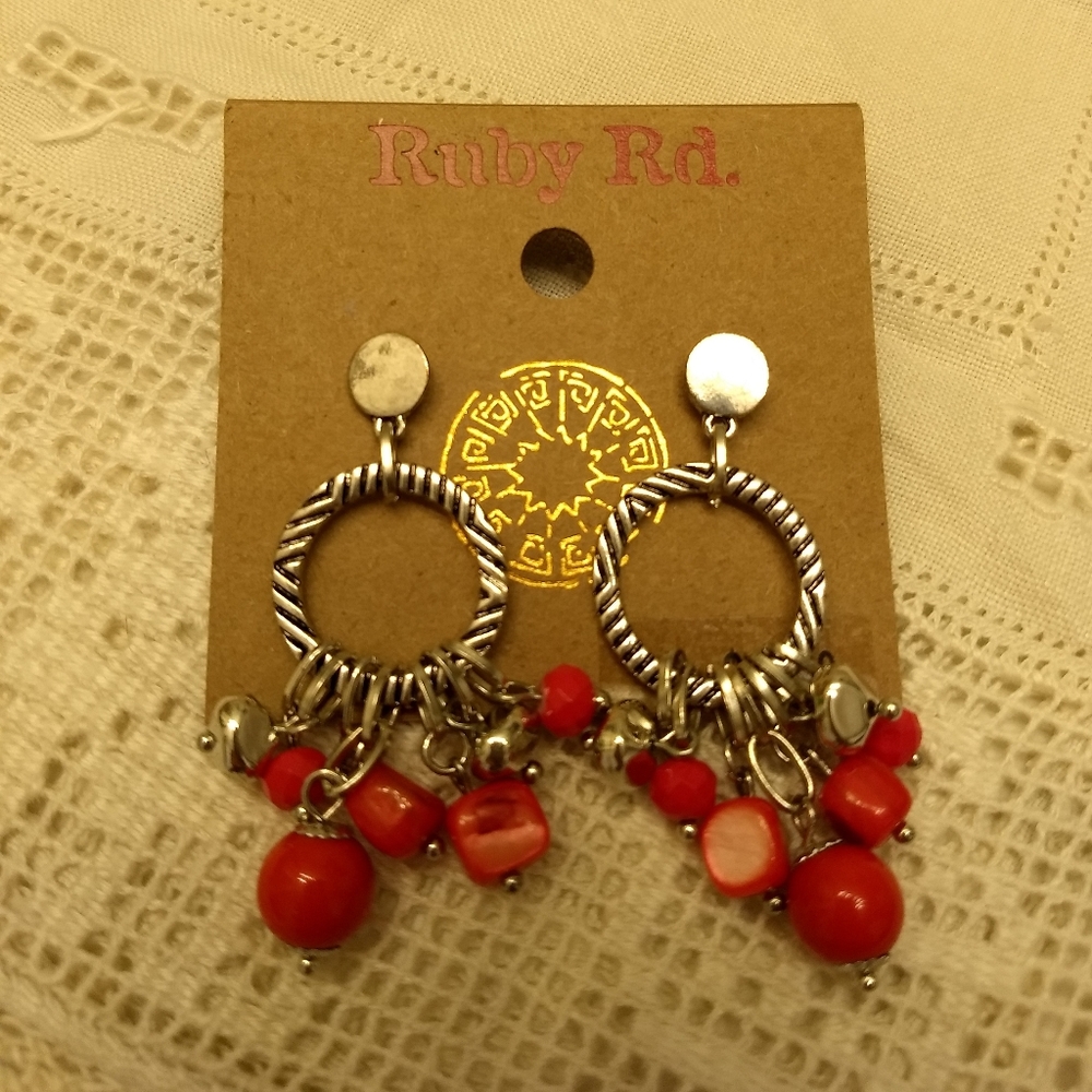 New Ruby Rd Silver and coral hoop earings